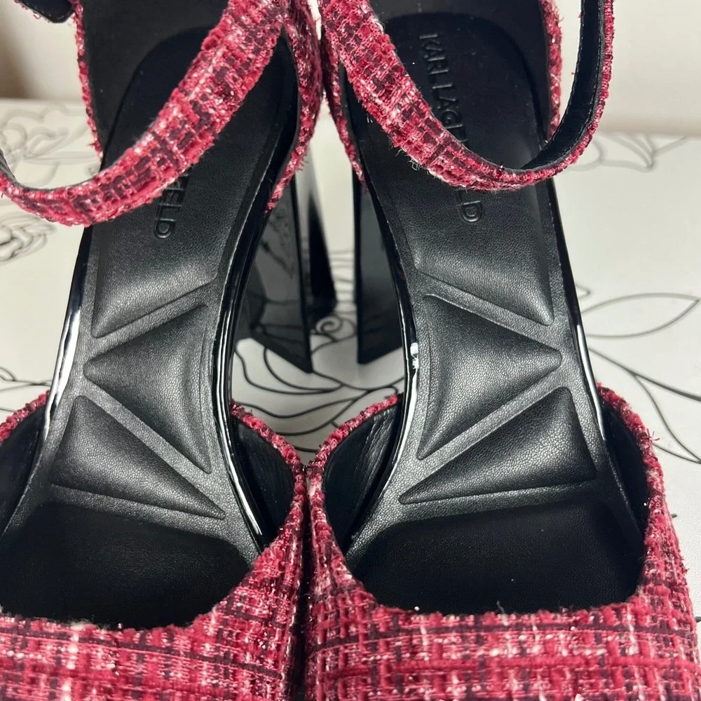 Karl Lagerfeld Paris Sapphira Tweed Cap Toe Block Heel Pumps Burgundy 8.5M